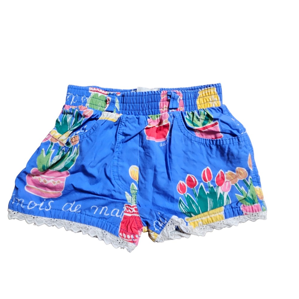 Vintage Deux par Deux Girls Flower Pot Print Lace Trim Cotton Shorts 2 Resort